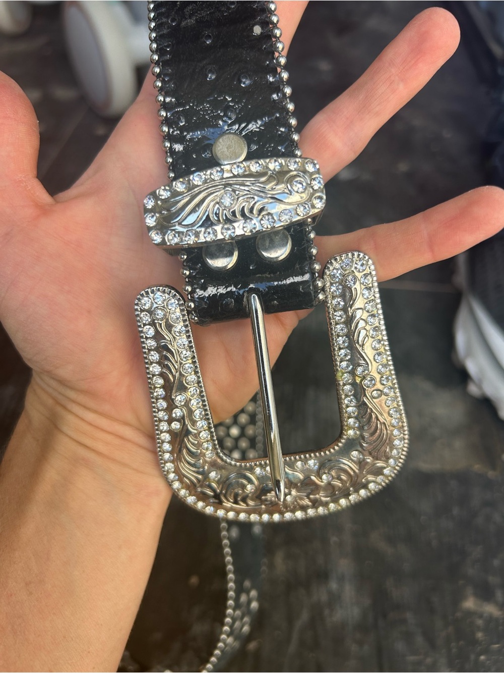 Black Rhinestone Western Belt with Ornate Silver Buckle